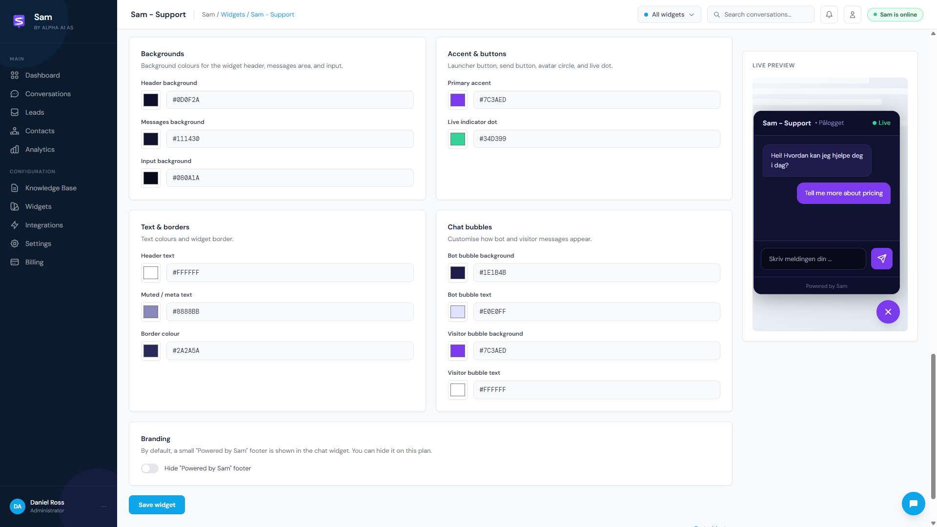 Sam widget editor with live preview